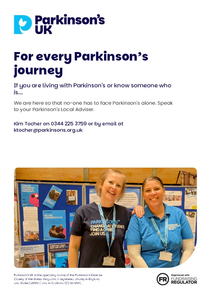 A poster with the contact details of Kim Tocher, the Parkinson's UK advisor for the Bembridge area